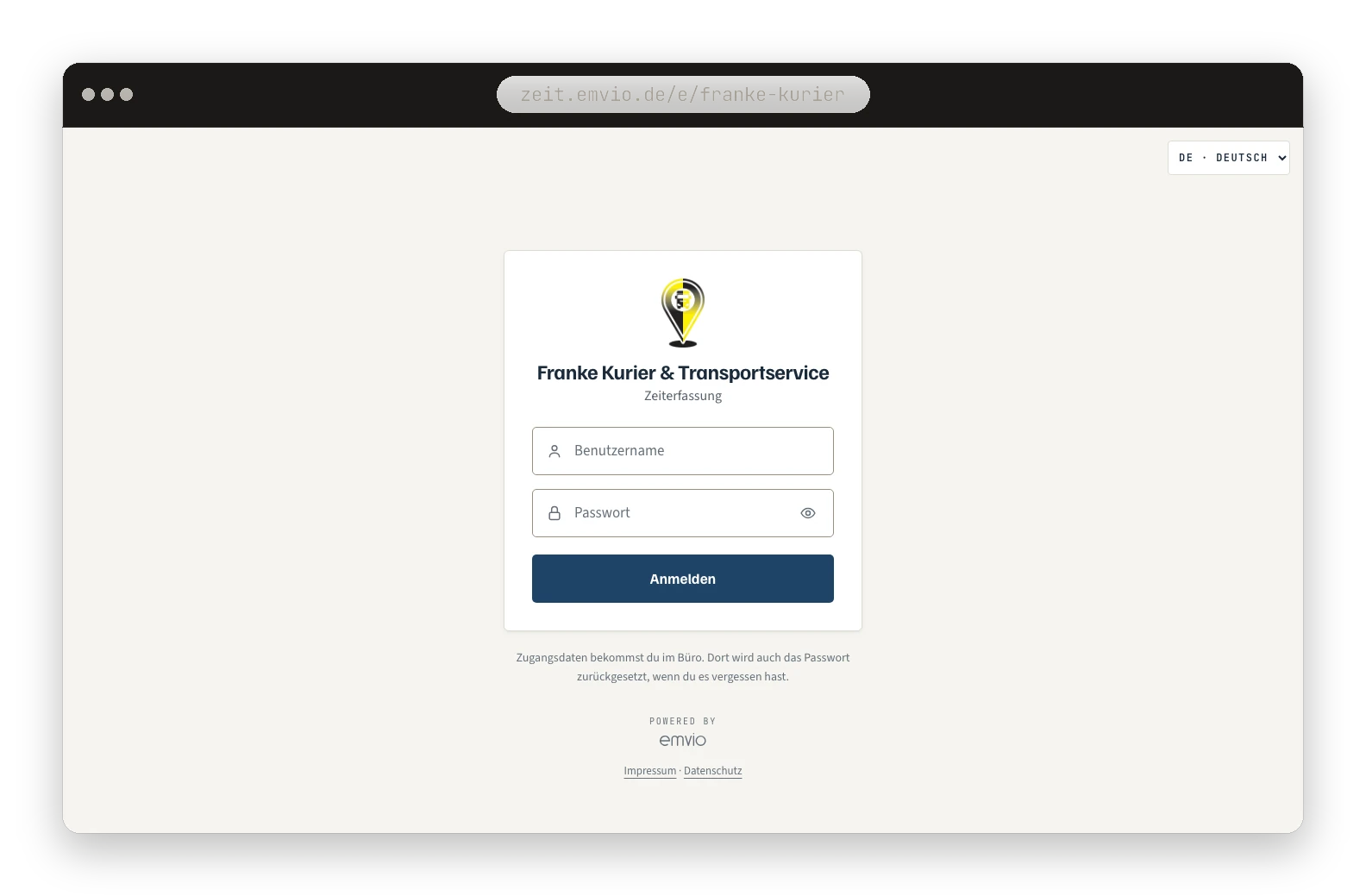Anmeldebildschirm der Zeiterfassung von Franke Kurier & Transportservice im Browser
